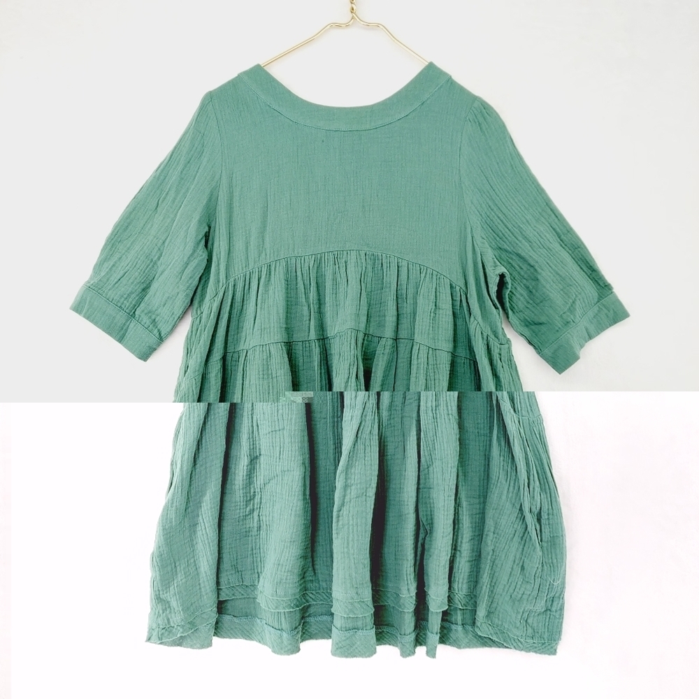 Newbury Kustom Green Babydoll Tunic Tiered Short Sleeves Mini Dress P2915